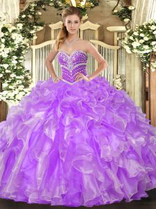 Simple Organza Sweetheart Sleeveless Lace Up Beading and Ruffles Sweet 16 Dresses in Lavender