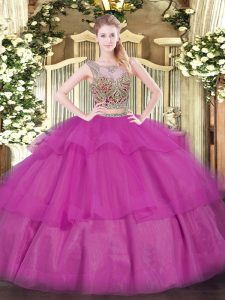 Attractive Floor Length Lace Up Vestidos de Quinceanera Fuchsia for Military Ball and Sweet 16 and Quinceanera with Beading and Ruffled Layers