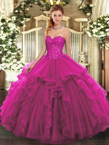  Fuchsia Quinceanera Dresses Military Ball and Sweet 16 and Quinceanera with Beading and Ruffles Sweetheart Sleeveless Lace Up