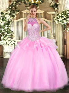 On Sale Sleeveless Tulle Floor Length Lace Up Quinceanera Dress in Pink with Beading