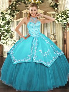  Aqua Blue Ball Gowns Satin and Tulle Halter Top Sleeveless Beading and Embroidery Floor Length Lace Up 15th Birthday Dress