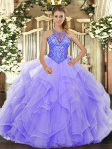Stylish Sleeveless Floor Length Beading and Ruffles Lace Up Vestidos de Quinceanera with Lavender