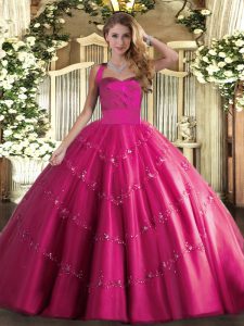  Sleeveless Tulle Floor Length Lace Up Sweet 16 Quinceanera Dress in Hot Pink with Appliques
