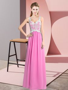 Ideal Rose Pink Chiffon Zipper Prom Party Dress Sleeveless Floor Length Lace