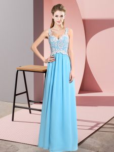  Floor Length Baby Blue Homecoming Dress V-neck Sleeveless Zipper