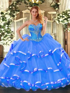 Nice Sweetheart Sleeveless Quinceanera Gown Floor Length Beading and Ruffled Layers Blue Organza