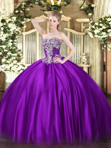 Trendy Sleeveless Satin Floor Length Lace Up 15 Quinceanera Dress in Purple with Beading