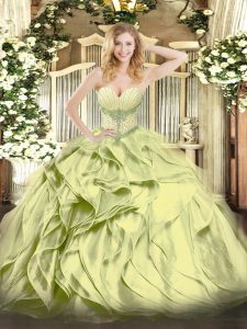 Edgy Olive Green Sleeveless Floor Length Beading and Ruffles Lace Up Sweet 16 Dresses