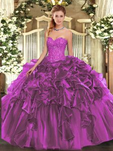 Hot Selling Beading and Ruffles Quinceanera Dress Purple Lace Up Sleeveless Floor Length