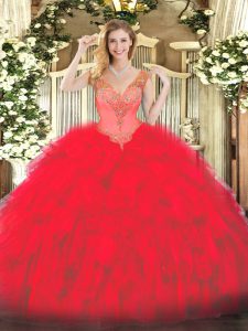Stylish Red V-neck Neckline Beading and Ruffles Quince Ball Gowns Sleeveless Lace Up