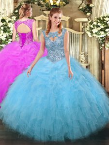 Hot Sale Aqua Blue Lace Up Ball Gown Prom Dress Beading and Ruffles Sleeveless Floor Length