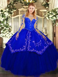  Floor Length Ball Gowns Long Sleeves Royal Blue Quinceanera Gowns Lace Up