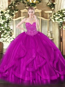 Fantastic Sweetheart Sleeveless Tulle Quinceanera Gown Beading and Ruffles Lace Up
