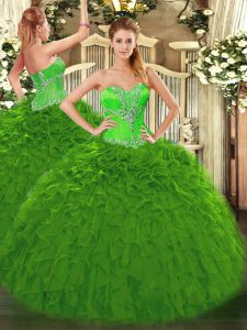 Flare Sleeveless Organza Floor Length Lace Up 15th Birthday Dress in Green with Beading and Ruffles