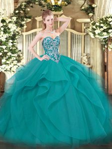 Lovely Teal Sleeveless Tulle Lace Up Sweet 16 Dress for Military Ball and Sweet 16 and Quinceanera