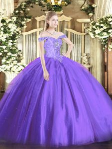 Custom Design Lavender Tulle Lace Up Ball Gown Prom Dress Sleeveless Floor Length Beading