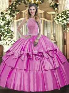  Lilac Organza and Taffeta Lace Up High-neck Sleeveless Floor Length Quinceanera Dresses Beading and Ruffled Layers