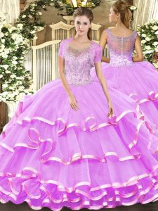 Lilac Ball Gowns Beading and Ruffled Layers Quinceanera Dress Clasp Handle Tulle Sleeveless Floor Length