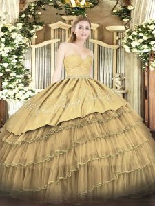  Gold Organza and Taffeta Zipper Sweetheart Sleeveless Floor Length Quinceanera Gowns Beading and Lace and Embroidery and Ruffled Layers