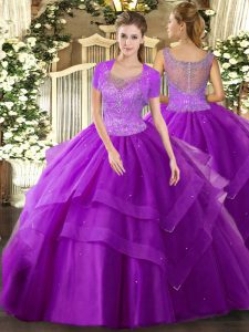 Exceptional Sleeveless Tulle Floor Length Clasp Handle Quince Ball Gowns in Eggplant Purple with Beading and Ruffles