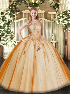 Excellent Halter Top Sleeveless Sweet 16 Quinceanera Dress Floor Length Lace and Appliques Orange Red Tulle
