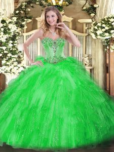Glittering Sleeveless Floor Length Beading and Ruffles Lace Up Sweet 16 Quinceanera Dress with Green