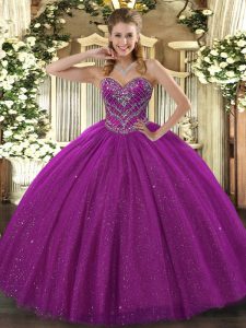 Suitable Sweetheart Sleeveless Quinceanera Gowns Floor Length Beading Fuchsia Lace