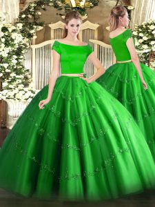  Green Short Sleeves Floor Length Appliques Zipper 15 Quinceanera Dress