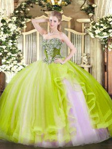 Deluxe Strapless Sleeveless Lace Up Quinceanera Gown Yellow Green Tulle