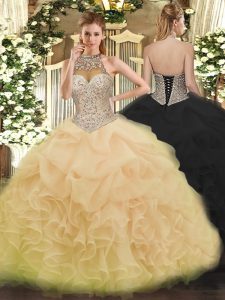  Beading and Ruffles and Pick Ups Quinceanera Gowns Champagne Lace Up Sleeveless Floor Length