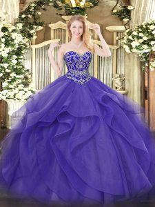  Purple Tulle Lace Up Sweetheart Sleeveless Floor Length Quince Ball Gowns Beading and Ruffles