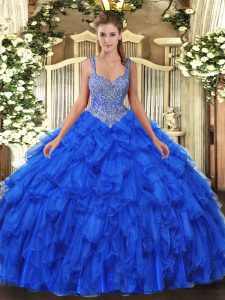 Custom Design Floor Length Lace Up Quince Ball Gowns Royal Blue for Military Ball and Sweet 16 and Quinceanera with Beading and Ruffles