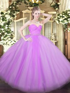 High Quality Tulle Sweetheart Sleeveless Zipper Beading and Lace Quinceanera Gown in Lilac