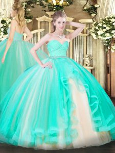 Traditional Apple Green Tulle Zipper Sweetheart Sleeveless Floor Length Quinceanera Gown Beading and Lace and Ruffles