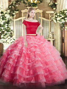Superior Watermelon Red Short Sleeves Tulle Zipper Sweet 16 Dress for Military Ball and Sweet 16 and Quinceanera