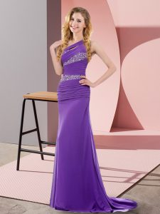 Fashionable Purple Column/Sheath One Shoulder Sleeveless Chiffon Floor Length Sweep Train Lace Up Beading Prom Dresses