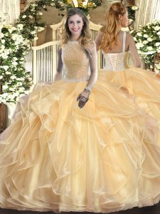 Inexpensive Champagne Organza Lace Up High-neck Sleeveless Floor Length Quinceanera Dresses Beading and Ruffles