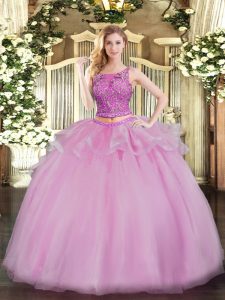  Sleeveless Floor Length Beading Lace Up Quinceanera Gown with Lilac