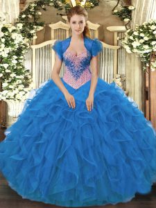  Blue Sweetheart Lace Up Beading and Ruffles Quince Ball Gowns Sleeveless