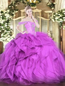 Inexpensive Lilac Off The Shoulder Neckline Beading and Ruffles 15 Quinceanera Dress Sleeveless Lace Up