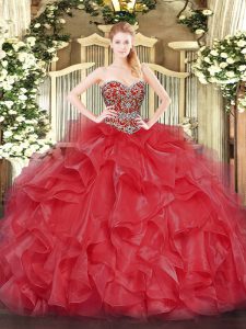  Sweetheart Sleeveless Lace Up Vestidos de Quinceanera Coral Red Organza