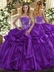 Superior Sleeveless Floor Length Beading and Ruffles Lace Up Sweet 16 Dress with Purple