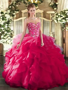  Hot Pink Quinceanera Gowns Military Ball and Sweet 16 and Quinceanera with Embroidery Sweetheart Sleeveless Lace Up