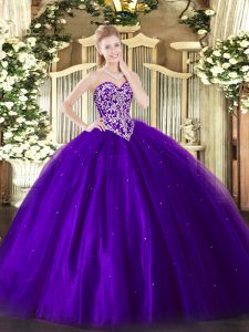 Custom Designed Purple Ball Gowns Sweetheart Sleeveless Tulle Floor Length Lace Up Beading 15th Birthday Dress