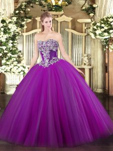 Excellent Purple Lace Up Strapless Beading Vestidos de Quinceanera Tulle Sleeveless