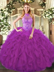  Purple Lace Up Halter Top Beading and Ruffles Ball Gown Prom Dress Organza Sleeveless