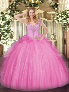 Modest Rose Pink Ball Gowns V-neck Sleeveless Tulle Floor Length Lace Up Beading Quinceanera Gown