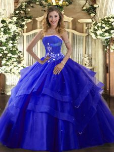  Sleeveless Floor Length Beading and Ruffled Layers Lace Up Sweet 16 Dresses with Royal Blue