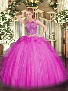 Romantic Sleeveless Tulle Floor Length Lace Up Ball Gown Prom Dress in Fuchsia with Beading and Ruffles