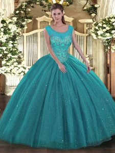  Teal Sleeveless Floor Length Beading Backless Quinceanera Gown